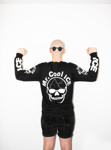 Model wearing the "Mr. Cool ICE" shirt.  He has his arms up as if he is flexing, and sunglasses are painted on the back of his head.
