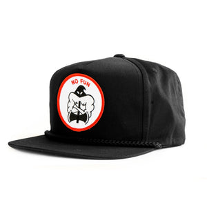 Side view photo of the "NO FUN®" X "Crawling Death" collaboration black, strapback hat. The hat features a white patch with red embroidered border. The embroidered graphic on the patch is a black and white executioner, with red "NO FUN®" logo.