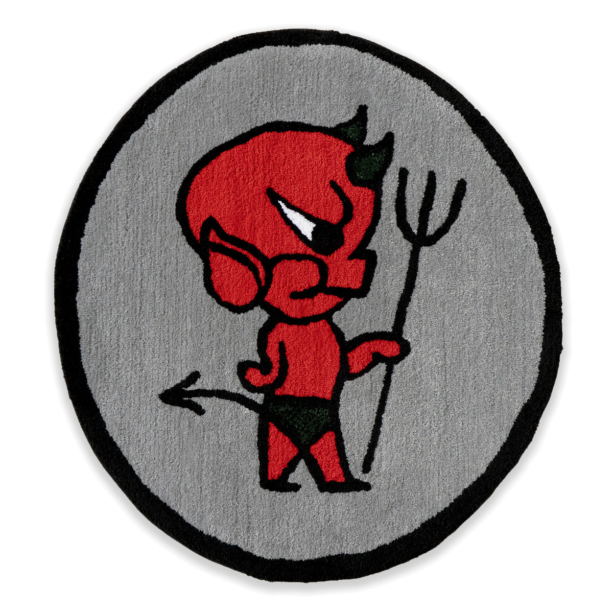 The "Devil" hand-tufted rug from No Fun Press. A handmade rug, depicting a devil in profile holding a pitchfork.
