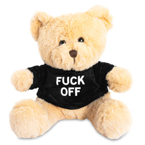 The "Friendly" Teddy Bear by No Fun®.  Plush toy bear is beige and wears a black shirt with the phrase "FUCK OFF" printed on the front.  Bear has a brown nose, and brown plastic eyes.