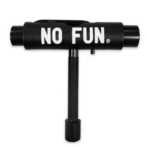 The "No Fun®" skate tool.  The main body of the tool is black, with a large "No Fun®" logo in white.  The tool is in a "T" shape, and includes 3 socket sizes, a file, as well as a removable screwdriver and Allen key.