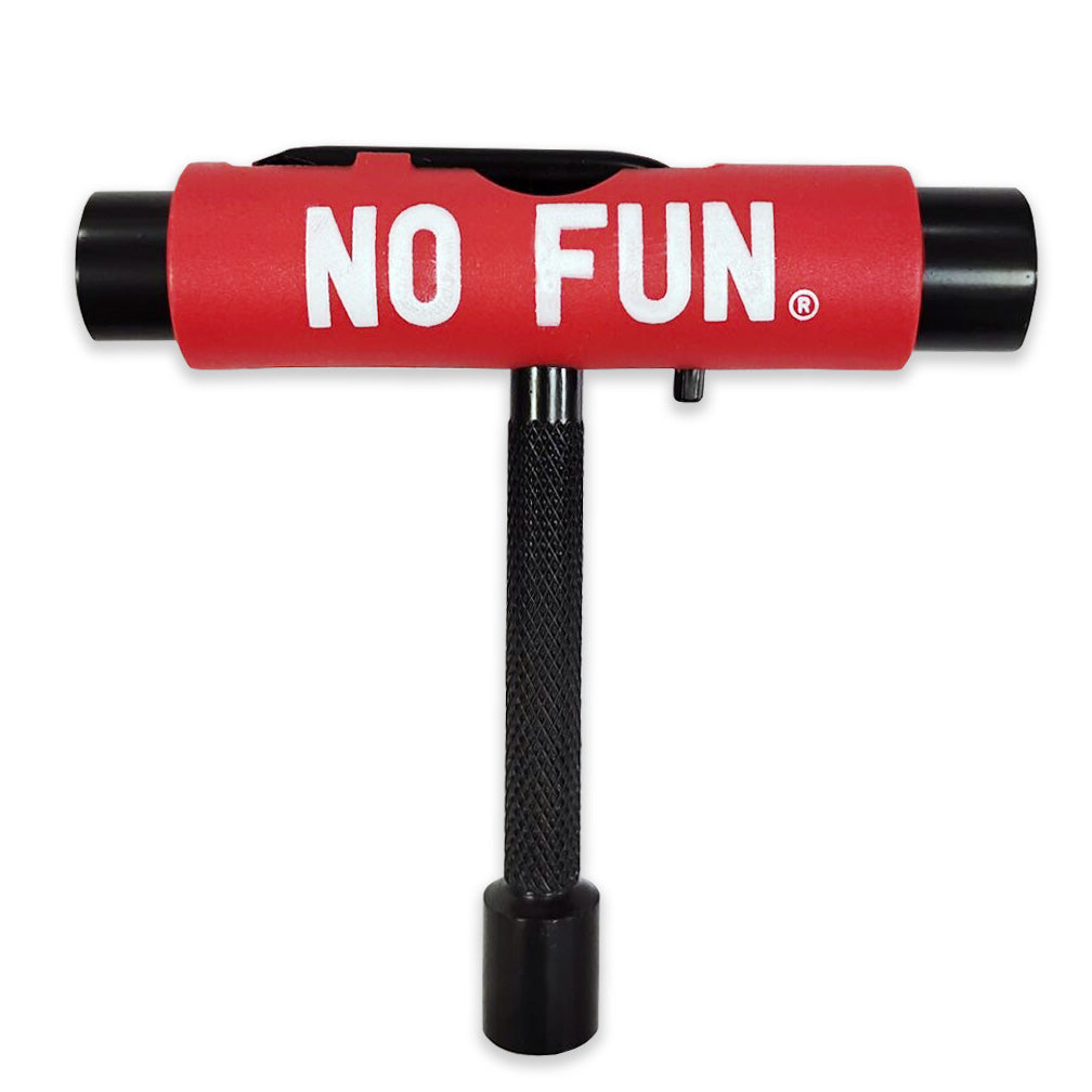 The "No Fun®" skate tool.  The main body of the tool is red, with a large "No Fun®" logo in white.  The tool is in a "T" shape, and includes 3 socket sizes, a file, as well as a removable screwdriver and Allen key.