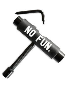 The "No Fun®" skate tool.  The main body of the tool is black, with a large "No Fun®" logo in white.  The tool is in a "T" shape, and includes 3 socket sizes, a file, as well as a removable screwdriver and Allen key.